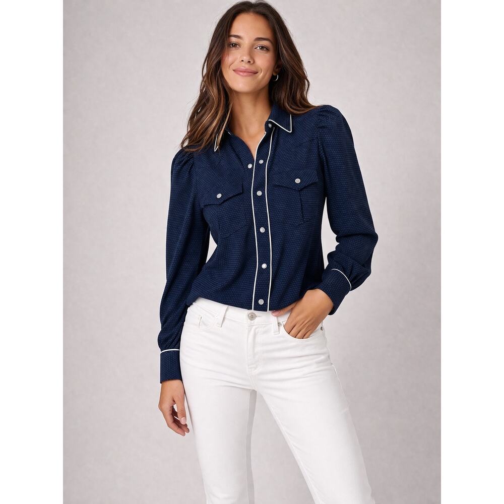 Greyson Navy Jacquard Western Puff Sleeve Button Up Shirt XS Luxury